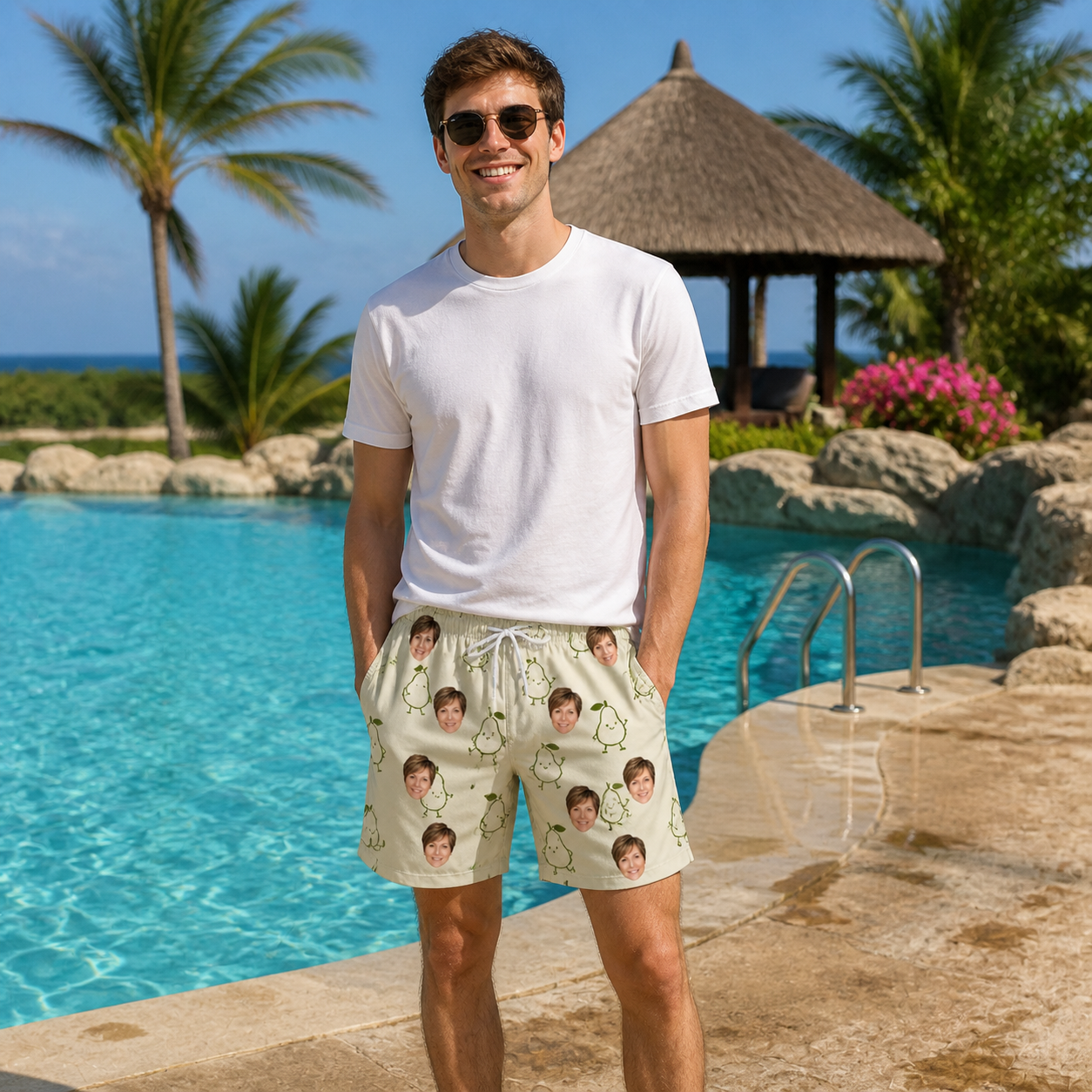 Real-life photo of someone wearing Men's Pear Pressure Custom Face Beach Shorts — custom faces printed all-over