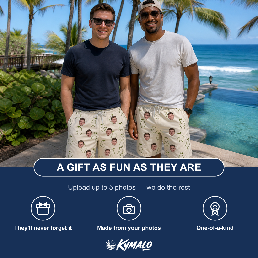 Friends in matching Men's Pear Pressure Custom Face Beach Shorts — a group gift photo