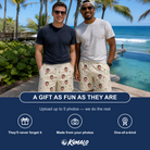 Friends in matching Men's Pear Pressure Custom Face Beach Shorts — a group gift photo