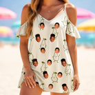 Model wearing Women's Pear Pressure Custom Face Off-Shoulder Dress printed with kids' faces