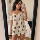 Real-life photo of someone wearing Women's Pear Pressure Custom Face Off-Shoulder Dress — custom faces printed all-over