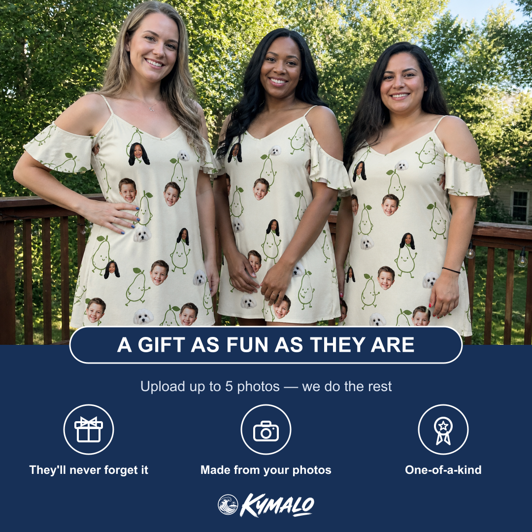 Friends in matching Women's Pear Pressure Custom Face Off-Shoulder Dress — a group gift photo