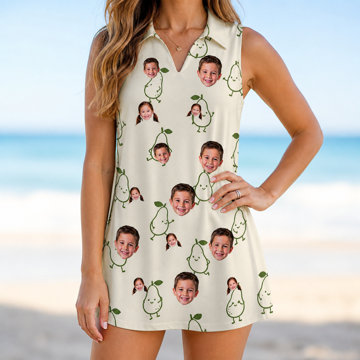Model wearing Women's Pear Pressure Custom Face V-Neck Dress printed with kids' faces