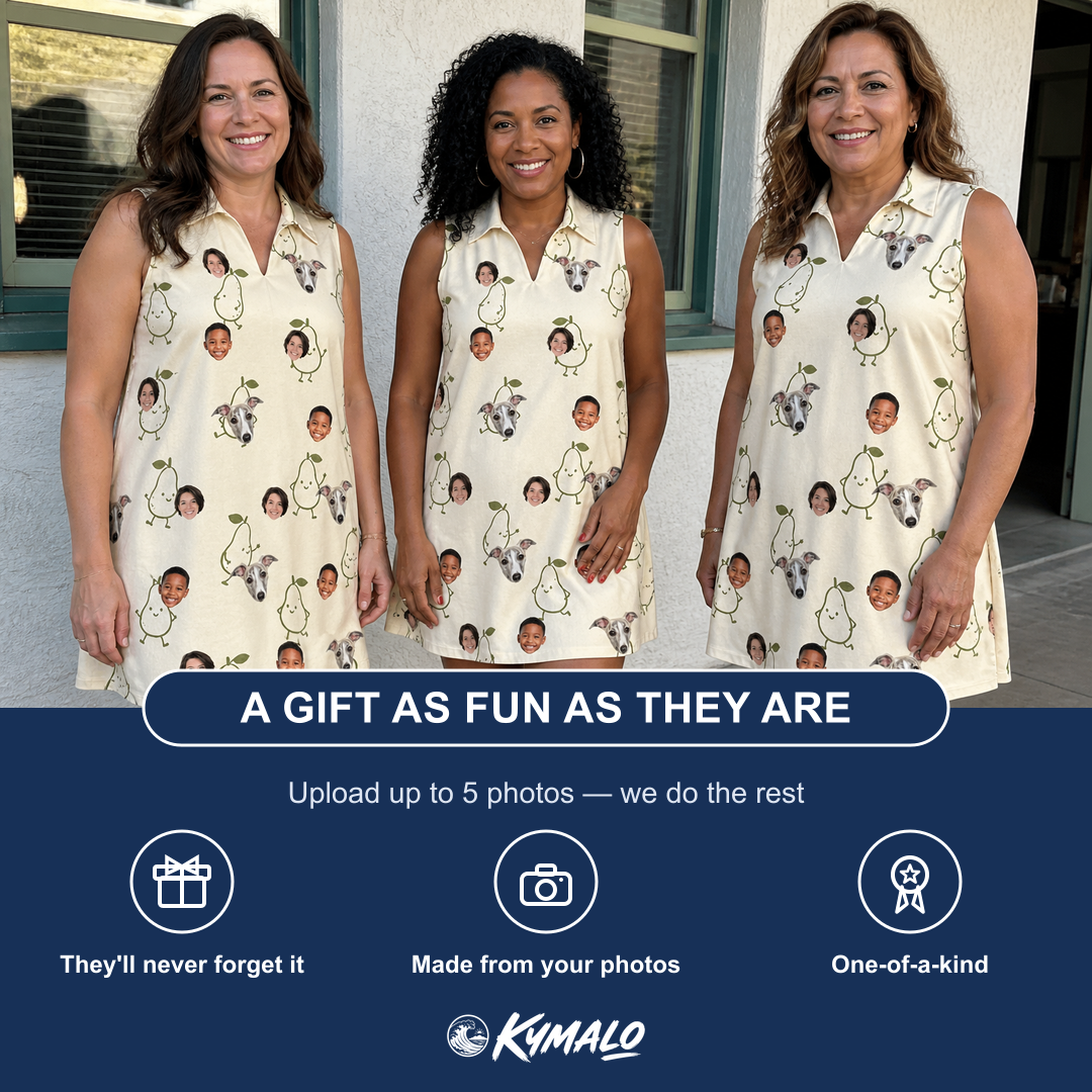 Friends in matching Women's Pear Pressure Custom Face V-Neck Dress — a group gift photo