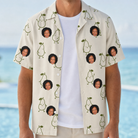 Man wearing Men's Pear Pressure Custom Face Hawaiian Shirt open over a white tee