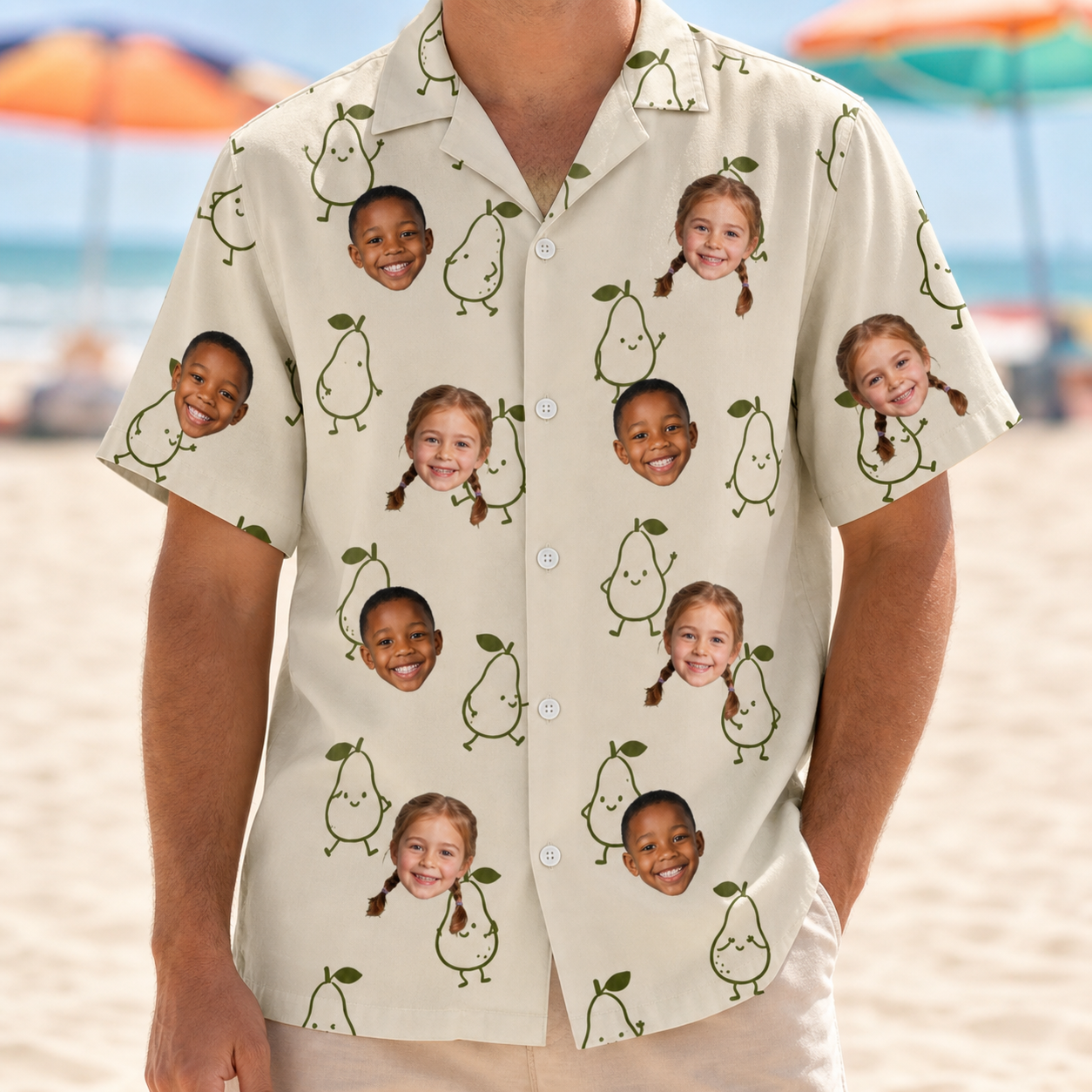 Model wearing Men's Pear Pressure Custom Face Hawaiian Shirt printed with kids' faces