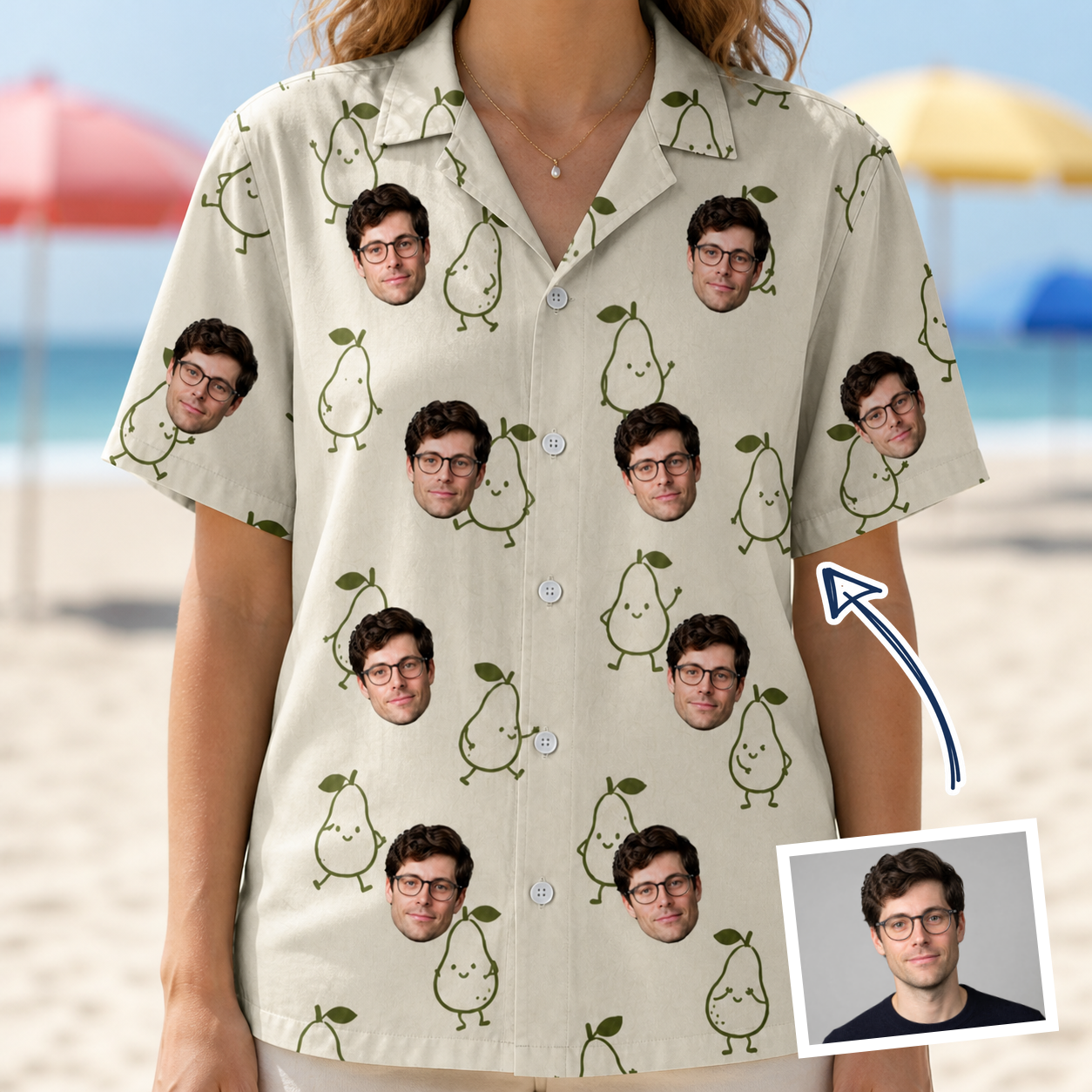 Woman wearing Women's Pear Pressure Custom Face Hawaiian Shirt — custom faces printed all-over