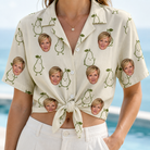 Woman wearing Women's Pear Pressure Custom Face Hawaiian Shirt tied at the waist
