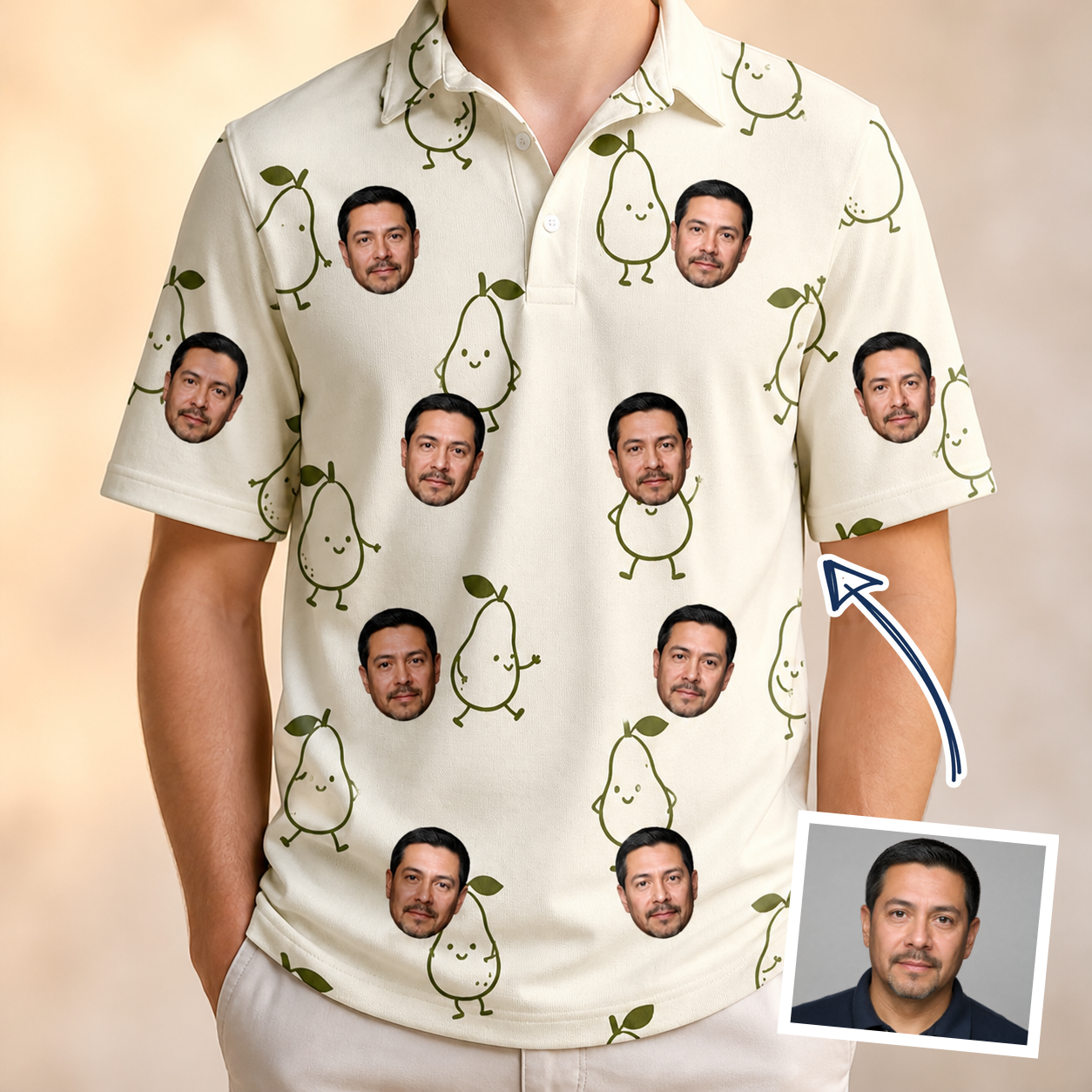 Man wearing Men's Pear Pressure Custom Face Polo Shirt — custom faces printed all-over