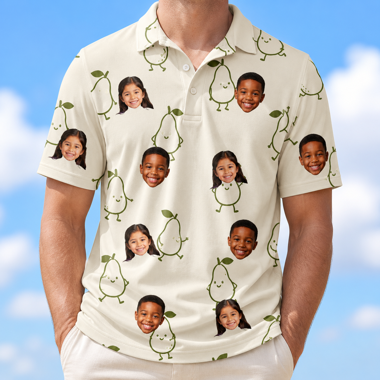 Model wearing Men's Pear Pressure Custom Face Polo Shirt printed with kids' faces