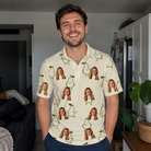 Real-life photo of someone wearing Men's Pear Pressure Custom Face Polo Shirt — custom faces printed all-over