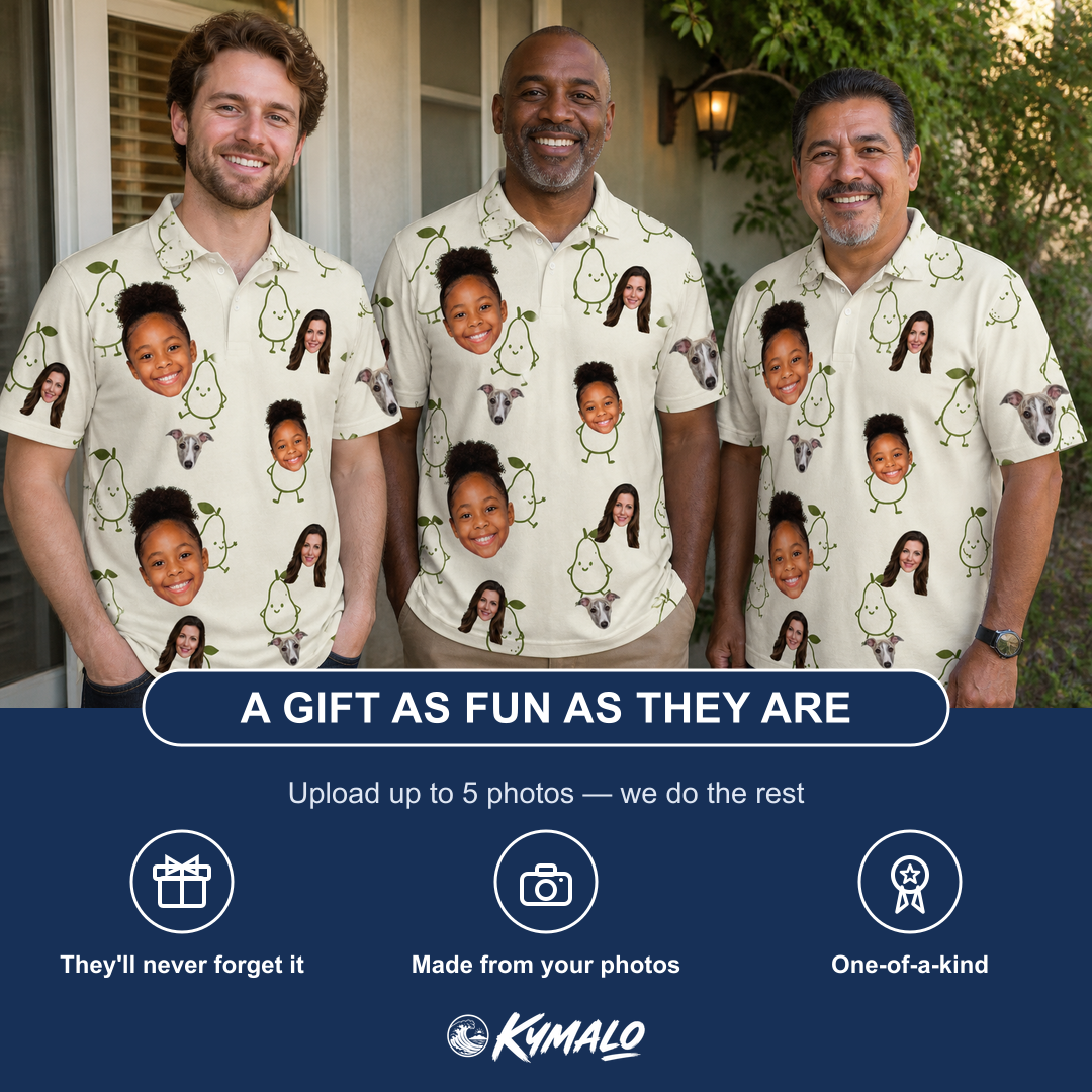 Friends in matching Men's Pear Pressure Custom Face Polo Shirt — a group gift photo
