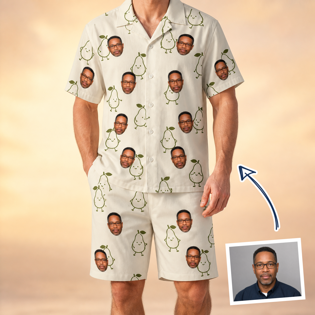Man wearing Men's Pear Pressure Custom Face Shirt & Shorts Set — custom faces printed all-over