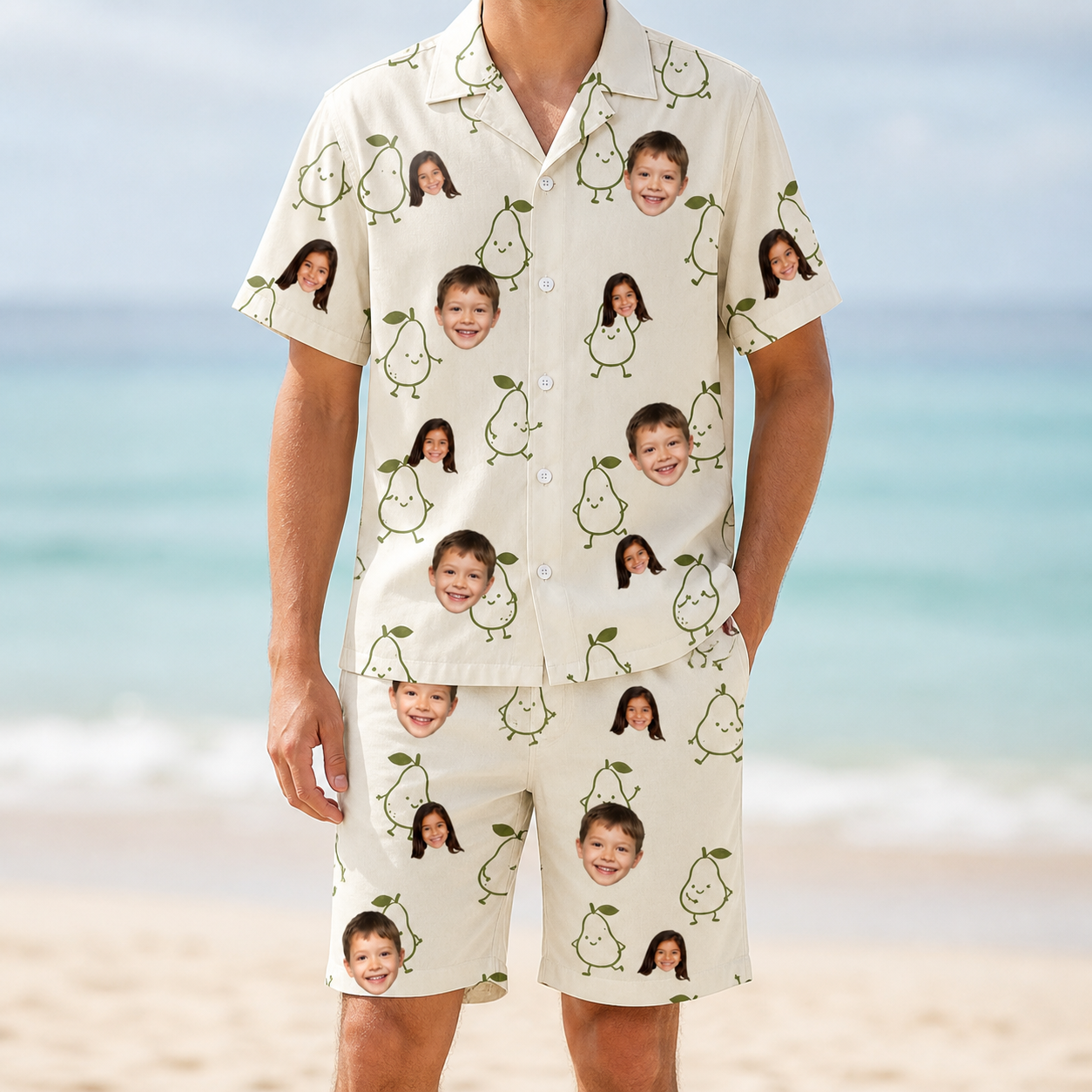 Model wearing Men's Pear Pressure Custom Face Shirt & Shorts Set printed with kids' faces