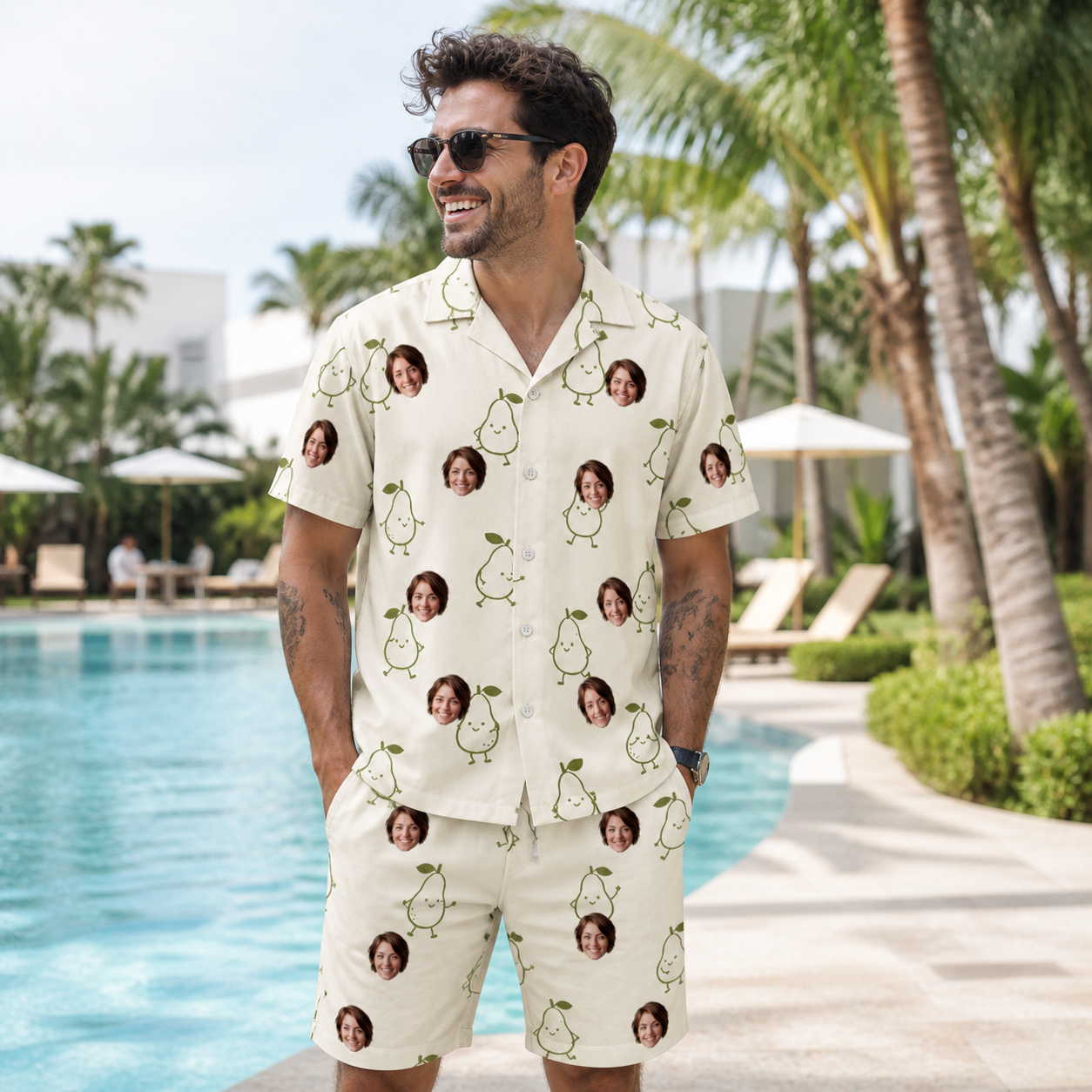 Real-life photo of someone wearing Men's Pear Pressure Custom Face Shirt & Shorts Set — custom faces printed all-over