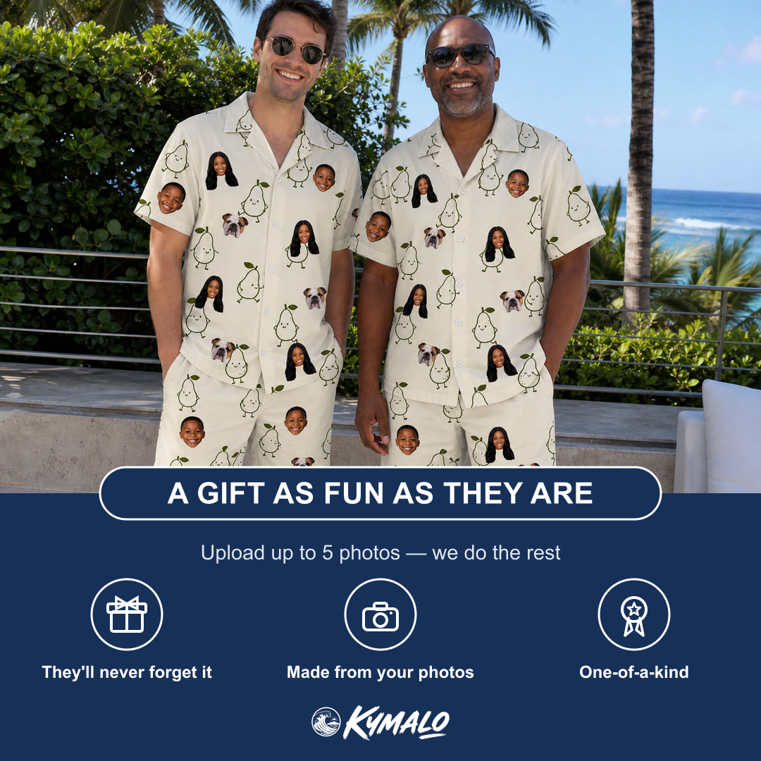 Friends in matching Men's Pear Pressure Custom Face Shirt & Shorts Set — a group gift photo