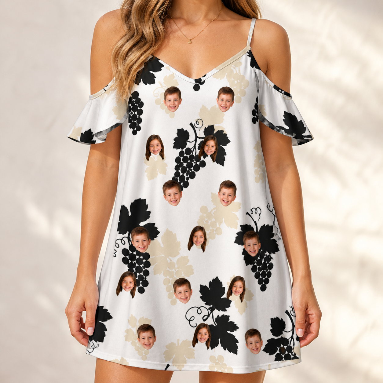 Model wearing Women's Juicy Jewels Custom Face Off-Shoulder Dress printed with kids' faces