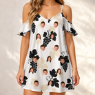 Model wearing Women's Juicy Jewels Custom Face Off-Shoulder Dress printed with kids' faces
