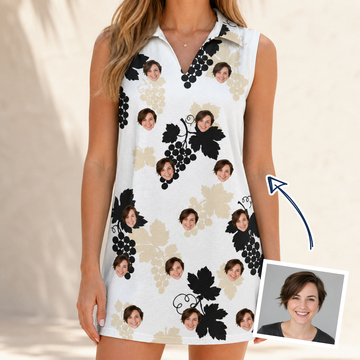 Woman wearing Women's Juicy Jewels Custom Face V-Neck Dress — custom faces printed all-over
