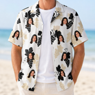 Man wearing Men's Juicy Jewels Custom Face Hawaiian Shirt open over a white tee