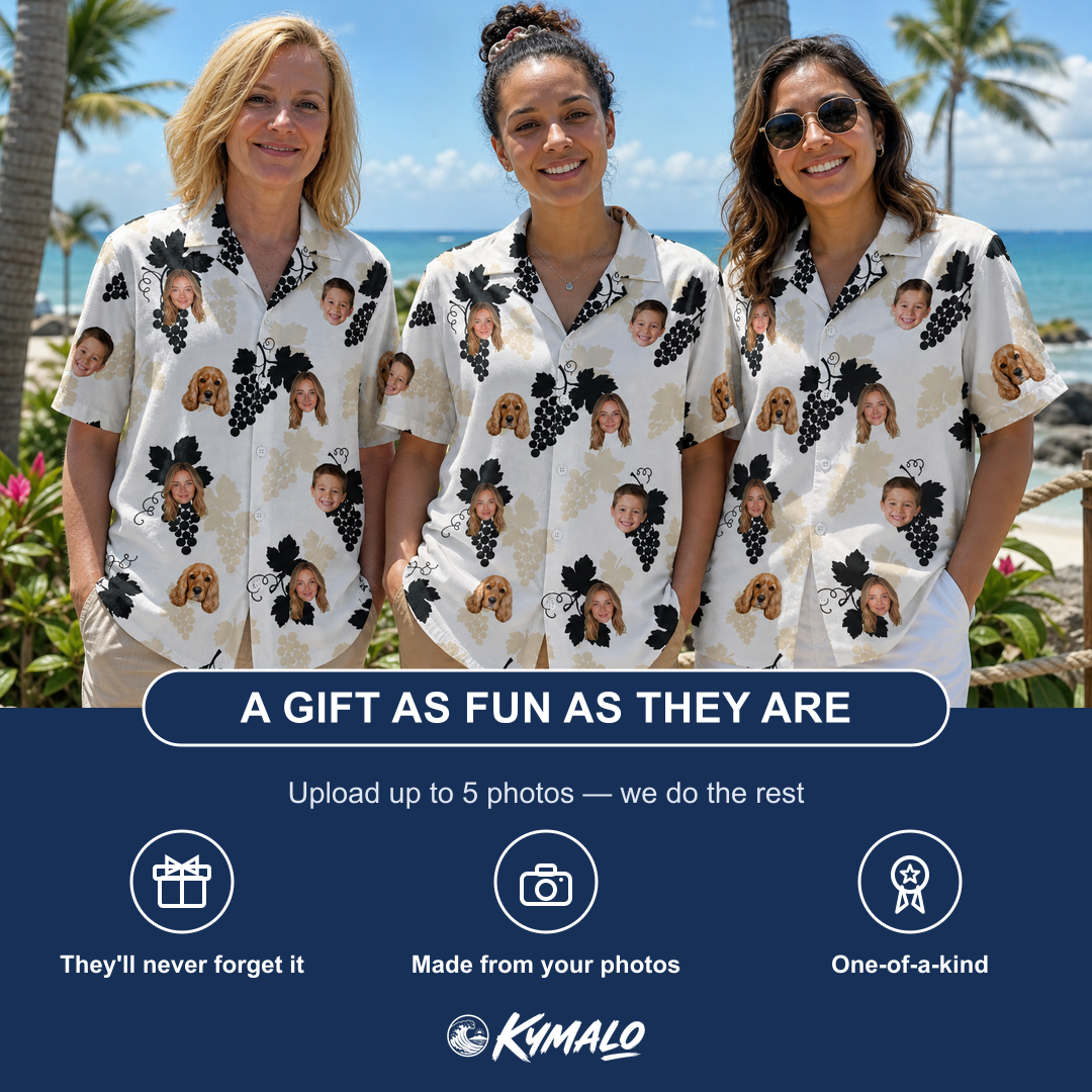 Friends in matching Women's Juicy Jewels Custom Face Hawaiian Shirt — a group gift photo