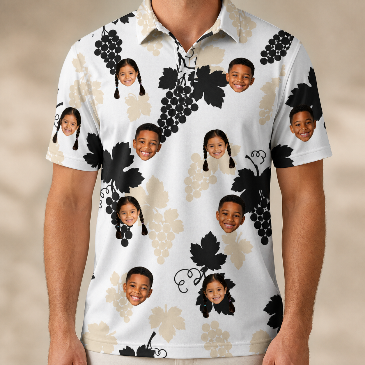 Model wearing Men's Juicy Jewels Custom Face Polo Shirt printed with kids' faces