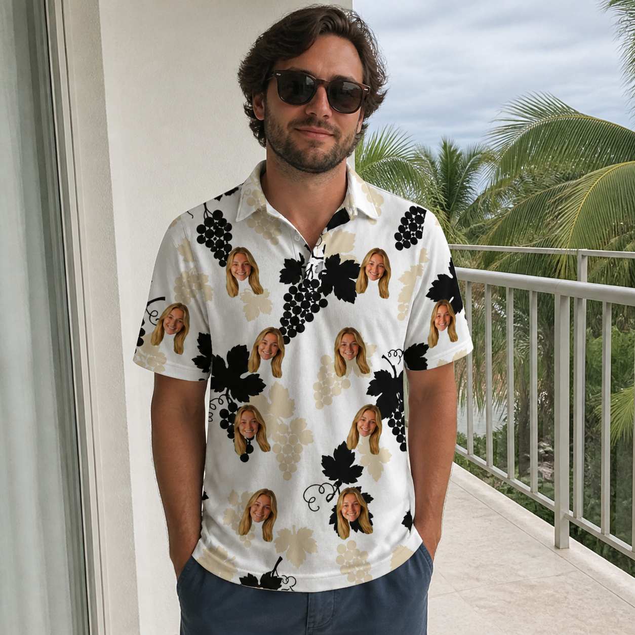 Real-life photo of someone wearing Men's Juicy Jewels Custom Face Polo Shirt — custom faces printed all-over