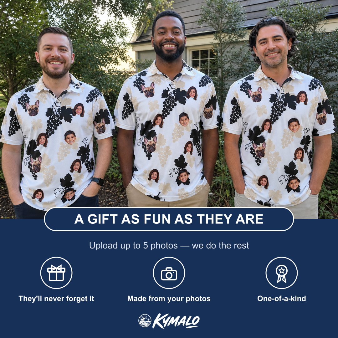 Friends in matching Men's Juicy Jewels Custom Face Polo Shirt — a group gift photo