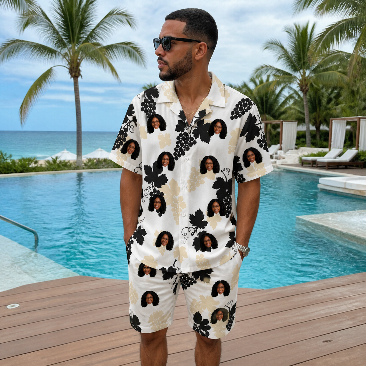 Real-life photo of someone wearing Men's Juicy Jewels Custom Face Shirt & Shorts Set — custom faces printed all-over