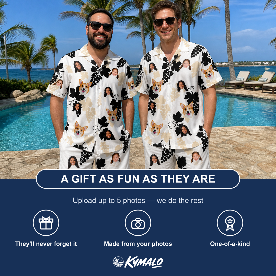 Friends in matching Men's Juicy Jewels Custom Face Shirt & Shorts Set — a group gift photo