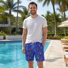 Real-life photo of someone wearing Men's Blueberry Boogie Custom Face Beach Shorts — custom faces printed all-over