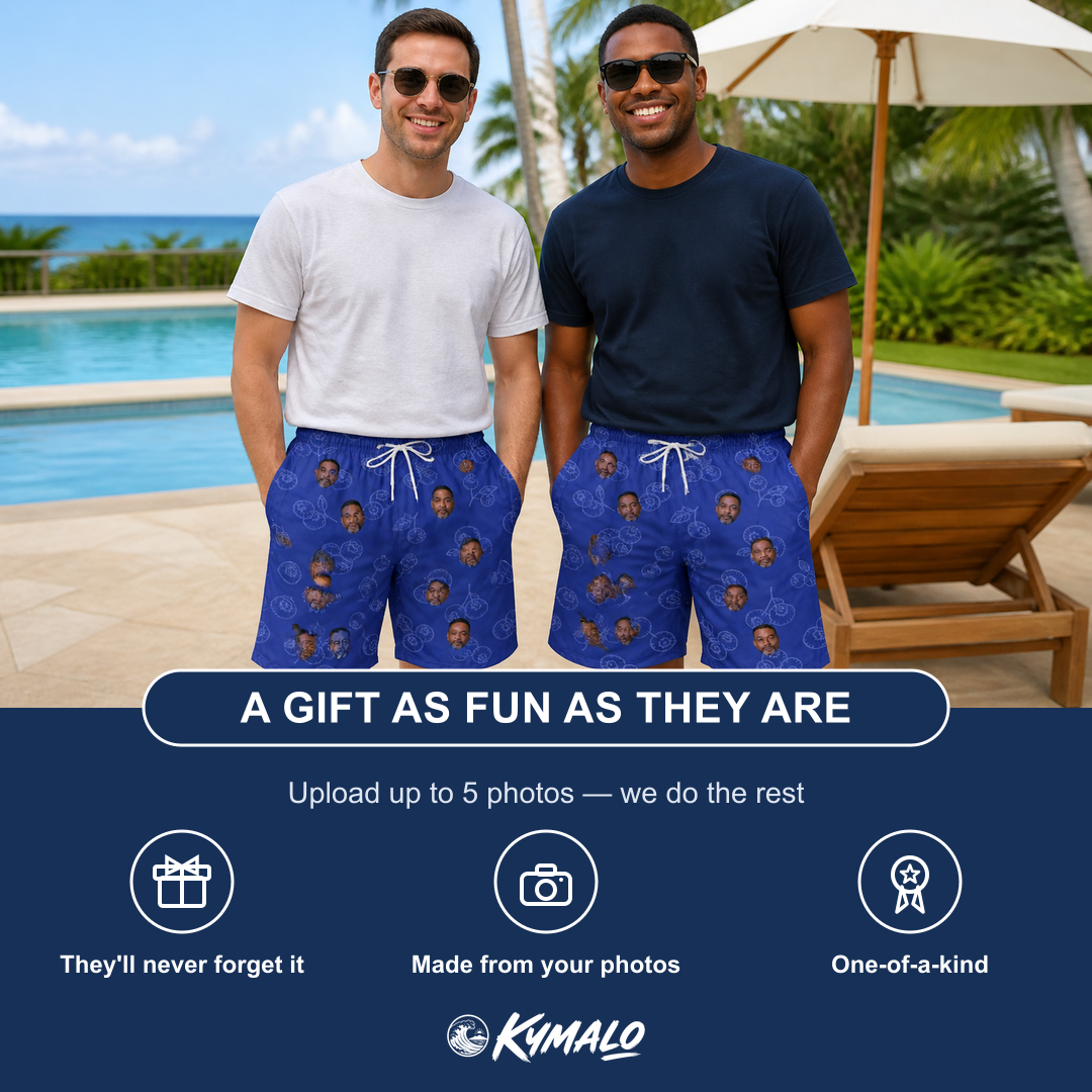 Friends in matching Men's Blueberry Boogie Custom Face Beach Shorts — a group gift photo