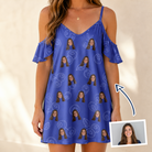 Woman wearing Women's Blueberry Boogie Custom Face Off-Shoulder Dress — custom faces printed all-over