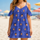 Model wearing Women's Blueberry Boogie Custom Face Off-Shoulder Dress printed with kids' faces