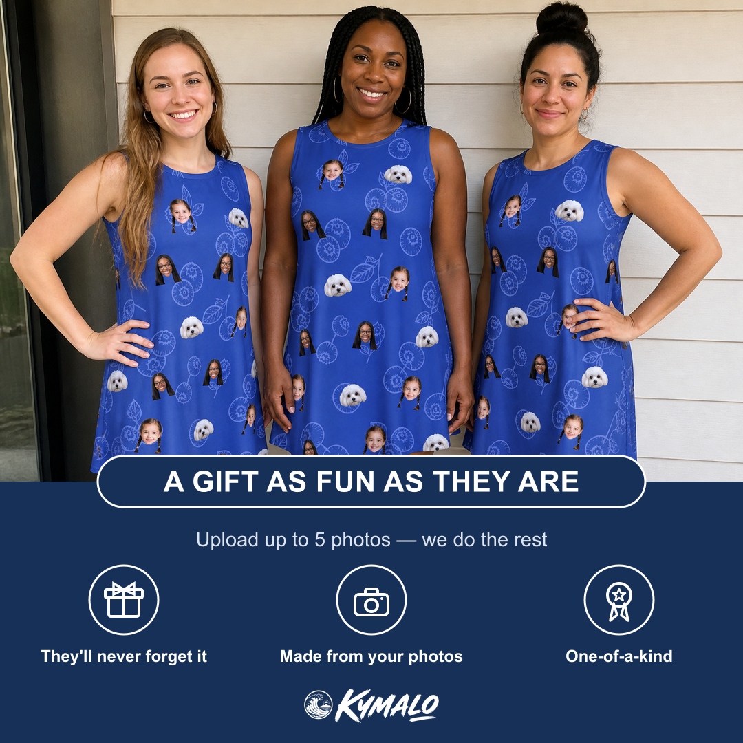 Friends in matching Women's Blueberry Boogie Custom Face Tank Dress — a group gift photo