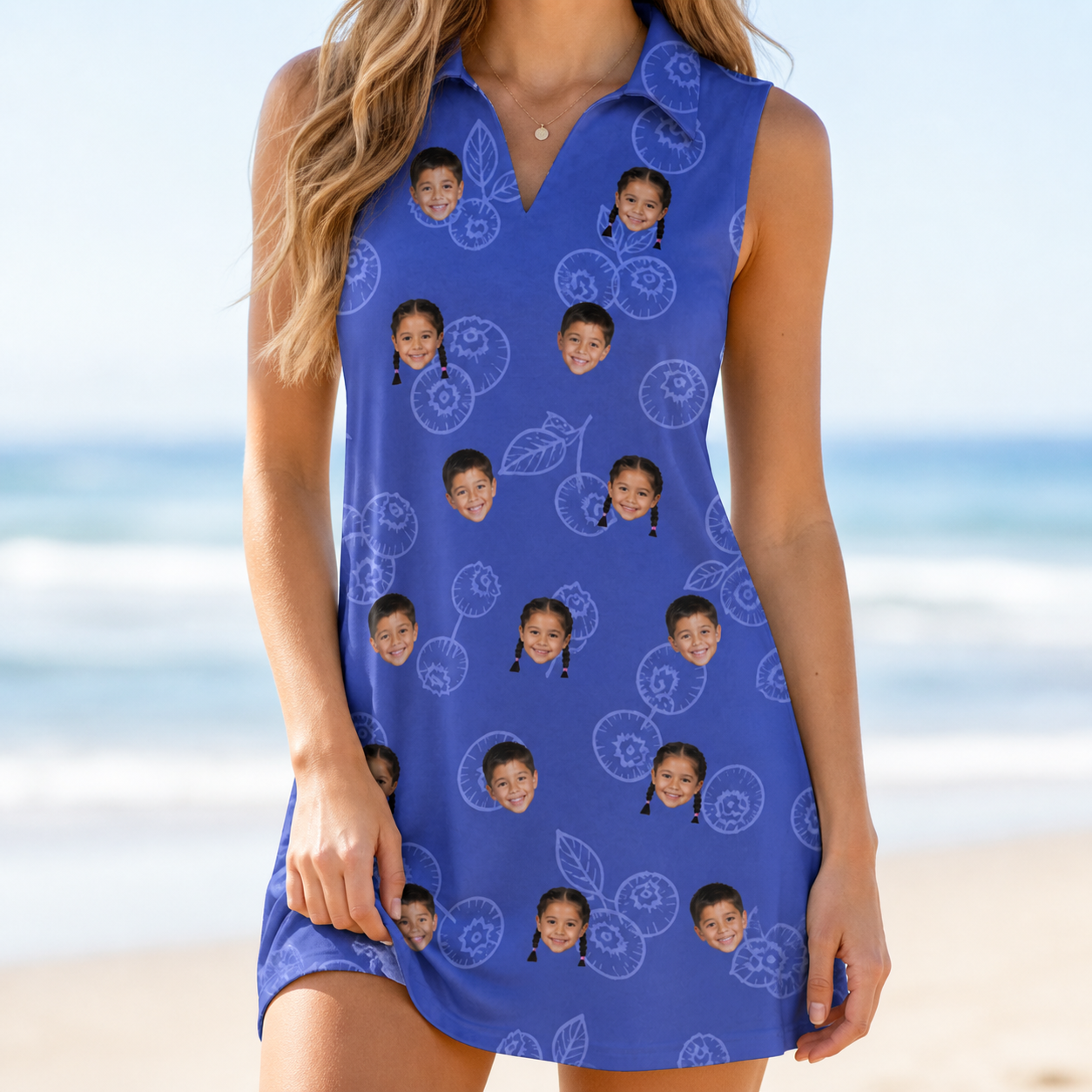 Model wearing Women's Blueberry Boogie Custom Face V-Neck Dress printed with kids' faces