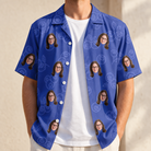 Man wearing Men's Blueberry Boogie Custom Face Hawaiian Shirt open over a white tee