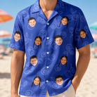Model wearing Men's Blueberry Boogie Custom Face Hawaiian Shirt printed with kids' faces