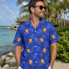 Real-life photo of someone wearing Men's Blueberry Boogie Custom Face Hawaiian Shirt — custom faces printed all-over
