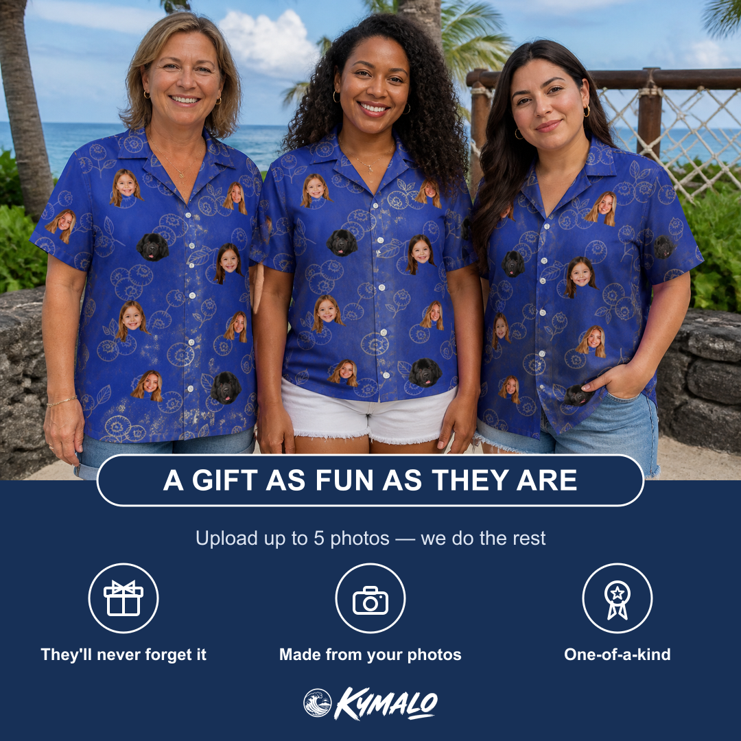 Friends in matching Women's Blueberry Boogie Custom Face Hawaiian Shirt — a group gift photo