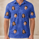 Model wearing Men's Blueberry Boogie Custom Face Polo Shirt printed with kids' faces