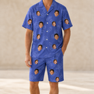 Model wearing Men's Blueberry Boogie Custom Face Shirt & Shorts Set printed with kids' faces