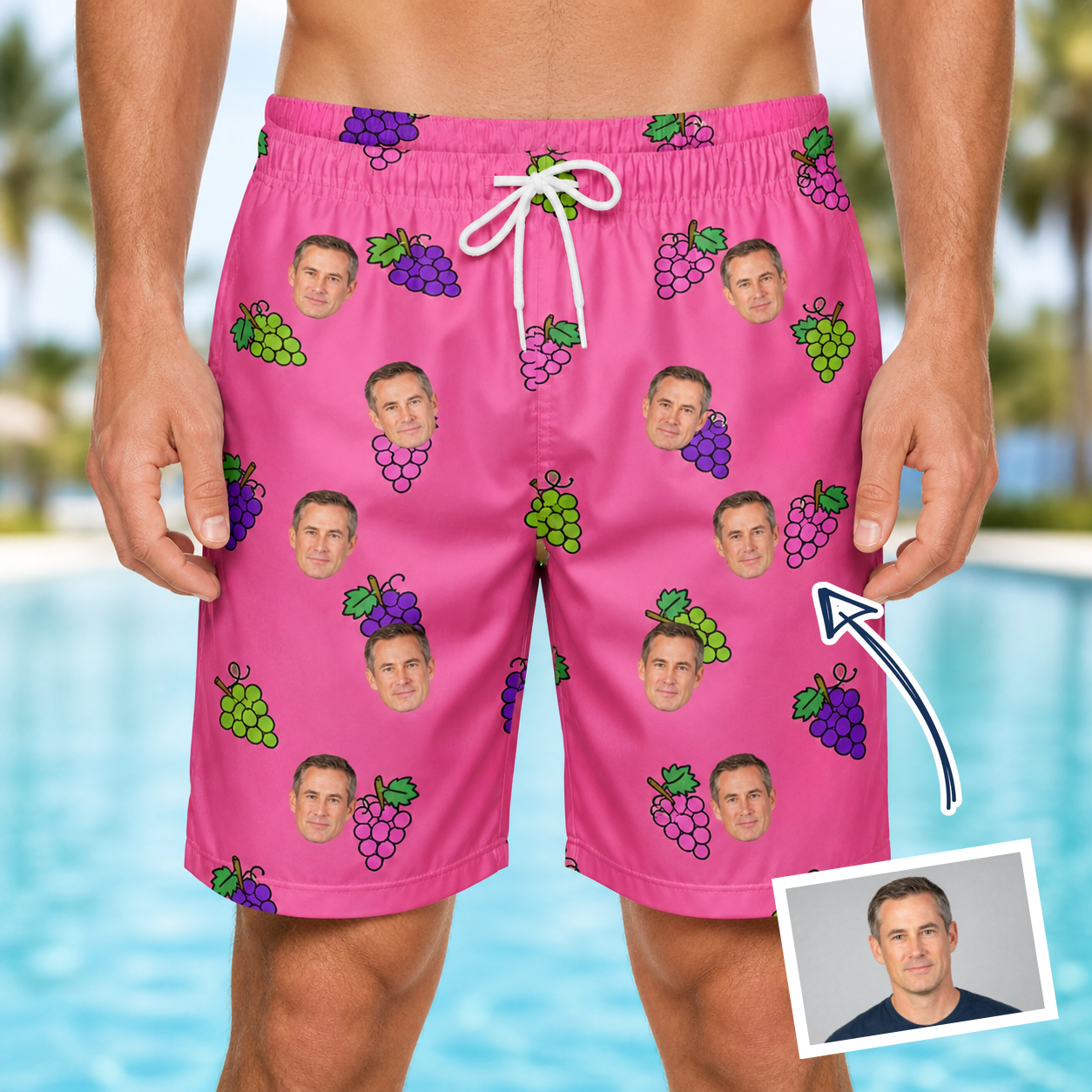 Man wearing Men's Grape Escape Custom Face Beach Shorts — custom faces printed all-over