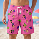 Model wearing Men's Grape Escape Custom Face Beach Shorts printed with kids' faces