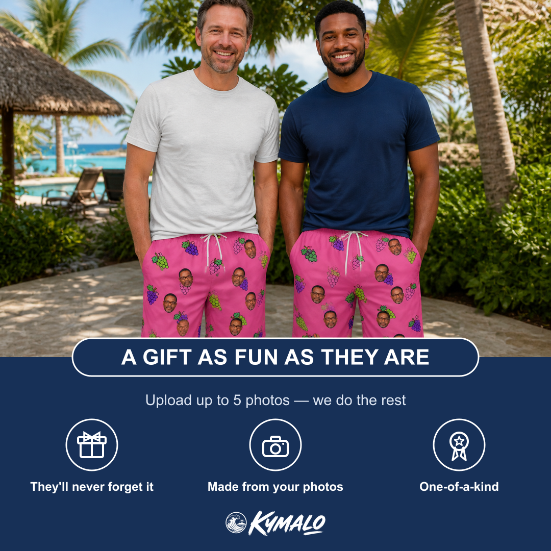 Friends in matching Men's Grape Escape Custom Face Beach Shorts — a group gift photo
