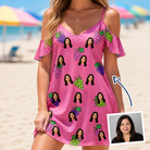 Woman wearing Women's Grape Escape Custom Face Off-Shoulder Dress — custom faces printed all-over