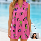 Woman wearing Women's Grape Escape Custom Face V-Neck Dress — custom faces printed all-over