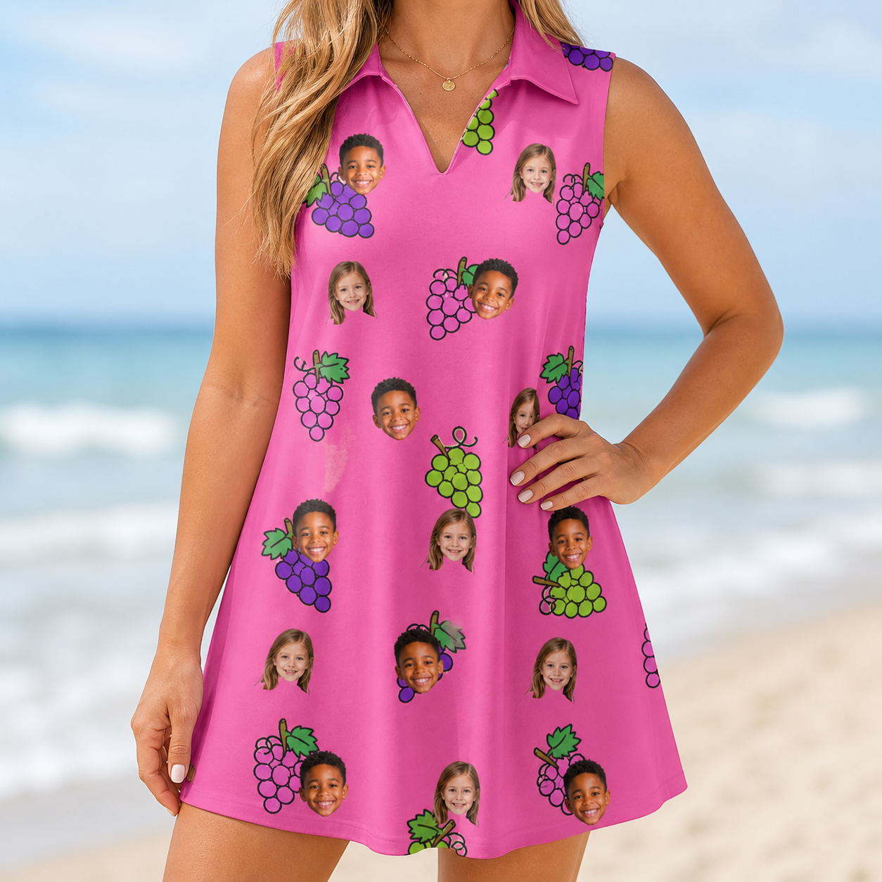 Model wearing Women's Grape Escape Custom Face V-Neck Dress printed with kids' faces