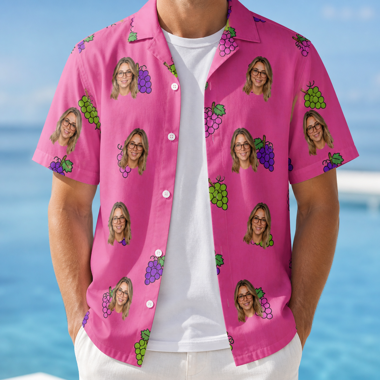 Man wearing Men's Grape Escape Custom Face Hawaiian Shirt open over a white tee