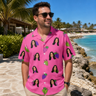Real-life photo of someone wearing Men's Grape Escape Custom Face Hawaiian Shirt — custom faces printed all-over